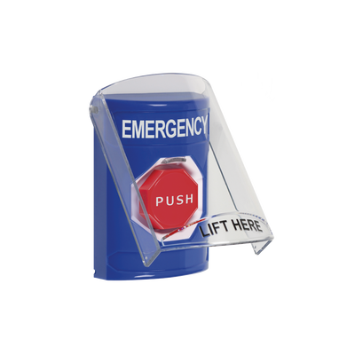 Botón Multipropósito, Color Azul, De Superficie, Con Tapa De Policarbonato, Con Bocina Pre Alarma, Para Interior, Llave Para Restablecer, Texto De Emergencia, Ingles