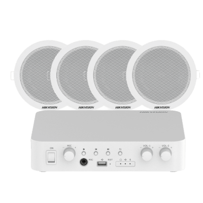 Kit de amplificador compatible con Spotify | bluetooth | 4 altavoces para plafón | sistema 100v | 2 canales con control de volumen independiente | música ambiental