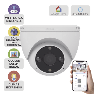 Cámara Domo IP / 3 Megapixel (2K) / Wi-Fi / Visión Nocturna Color 30 m (98.4 ft) / Detección Humana y Vehículo / IP67 / Audio Bidireccional / Ranura Micro SD 512 GB