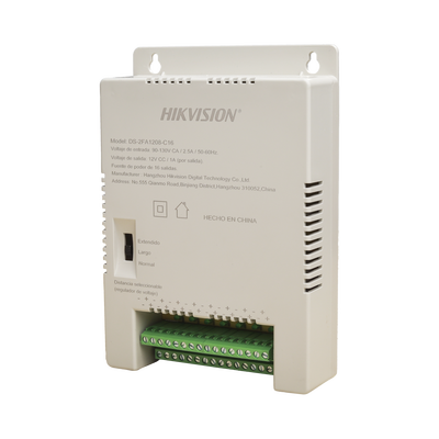 Fuente de Poder Regulada 12 Vcc / 13.5 Vcc / 15 Vcc para 16 Cámaras / 1 Amp por Salida / Voltaje de Entrada 90 - 130 VCA / Soporta 4K / Modo para Largas Distancias
