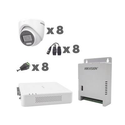 KIT TurboHD 1080p / DVR 8 Canales con audio por coaxitron / 8 Cámaras con Micrófono Integrado 101° Visión/  luz blanca + IR visión nocturna  / Transceptores / Conectores / Fuente de Poder Profesional