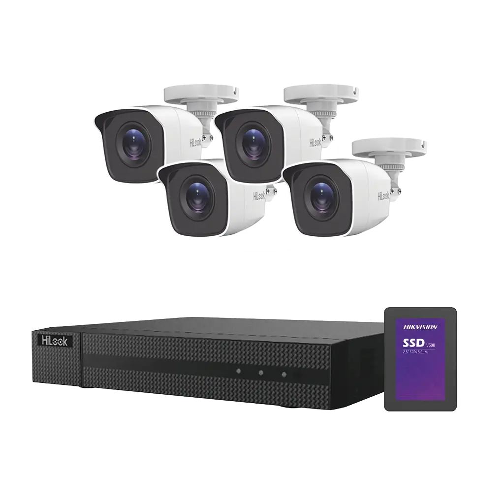 KIT TurboHD 1080p + SSD de 500 GB / DVR 4 canales / 4 Cámaras Bala de Metal / Fuente de Poder / Accesorios de Instalación