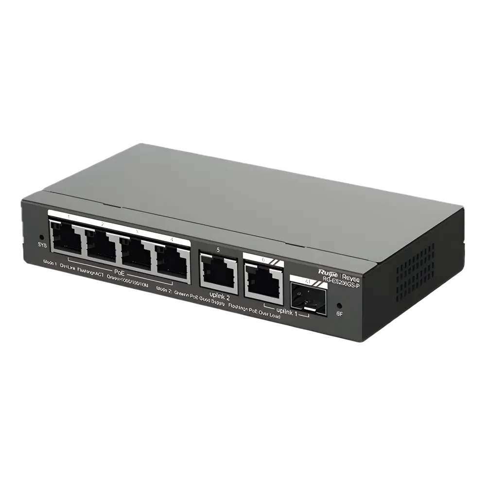 RG-ES206GS-P Switch Administrable con 4 puertos Gigabit PoE, 2 Uplink Gigabit y 1 Uplink Gigabit para Fibra SFP en combo, gestión gratuita desde la nube