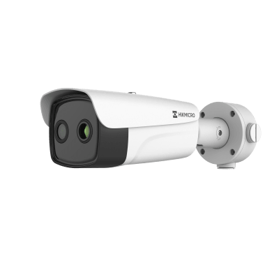 (HIKMICRO) Bala IP Bi-Espectral / Térmica (388 X 288 / 35 mm) + Óptica (4 MP / 12.4 mm) / IA GUANLAN / Rango: -20°C a 150°C / 8°C Tolerancia / Detección de Fuego y Humo / Alarma Visual y Audible / Dual Light / PoE / Antico