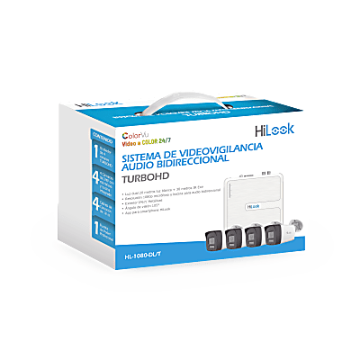 Kit TurboHD 1080p / DVR 4 canales / 4 Cámaras Bala de Policarbonato / Audio Bidireccional / Dual Light (IR + Luz Blanca) / H.265+ / 1 Fuente de Poder Profesional / Accesorios de Instalación