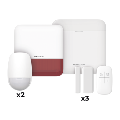 (AX PRO) KIT de Alarma AX PRO / Incluye: 1 Hub con batería de respaldo / 2 Sensores PIR / 3 Contactos Magnéticos mini / 1 Control Remoto / 1 Sirena Inalambrica Exterior color rojo  / WiFi / Compatible con Hik-Connect P2P
