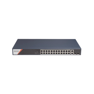 Switch Gigabit PoE+ / Industrial / Administrable / 24 Puertos 1000 Mbps PoE+ (4 Puertos PoE++ 90 W) / 2 Puertos 1000 Mbps de Uplink / 2 Puertos SFP / Configuración Nube Hik-PartnerPro / Modo Extendido hasta 300 Metros / 370 W