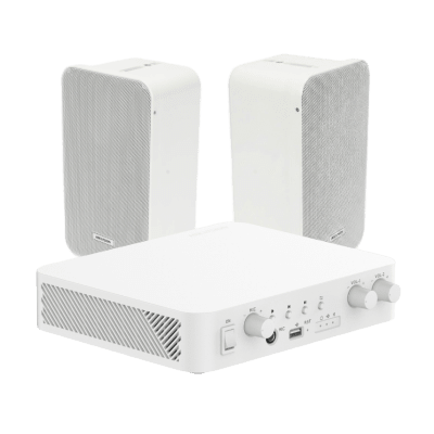 Kit de amplificador con bluetooth | 2 altavoces para pared | Sistema 100V |  2 Canales con Control de volumen Independiente |  Música Ambiental