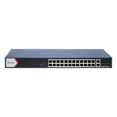 Switch Gigabit PoE+ / Administrable / 24 Puertos 1000 Mbps PoE+ / 2 Puertos 1000 Mbps Uplink / 2 Puertos SFP Uplink / Configuración Nube desde Hik-PartnerPro / Modo Extendido hasta 300 Metros / 370 W
