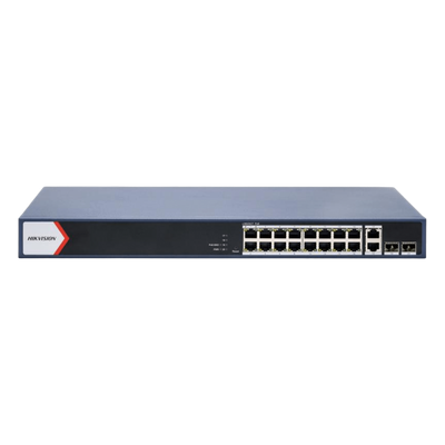 Switch PoE+ / Administrable / 16 puertos 1000 Mbps PoE+ / 2 Puertos 1000 Mbps Uplink / 2 Puertos SFP de Uplink /  Configuración Nube Hik-Partner Pro / Modo Extendido hasta 300 metros / 230 W 