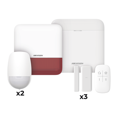 (AX PRO) KIT de Alarma AX PRO / Incluye: 1 Hub con batería de respaldo / 2 Sensores PIR / 3 Contactos Magnéticos mini / 1 Control Remoto / 1 Sirena Inalambrica Exterior color rojo  / WiFi / Compatible con Hik-Connect P2P
