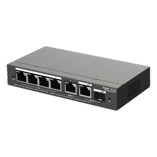 RG-ES206GS-P Switch Administrable con 4 puertos Gigabit PoE, 2 Uplink Gigabit y 1 Uplink Gigabit para Fibra SFP en combo, gestión gratuita desde la nube