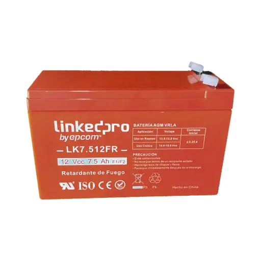 Batería 12 V / 7.5 Ah / UL / Tecnología AGM / Vida útil promedio de 5 años / Retardante a la Flama / Para equipo electrónico, Alarmas de Intrusión / Incendio/ Control de acceso / Video Vigilancia / Incluye adaptador