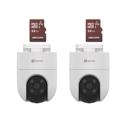 Kit de Camaras WiFi, Incluye 2 Piezas CS-H8C y 2 Piezas HS-TF-E1/32G / Audio de Dos Vías / Detección de Movimiento /  Luz Estroboscópica / Sirena  /  Uso en Exterior con Protección