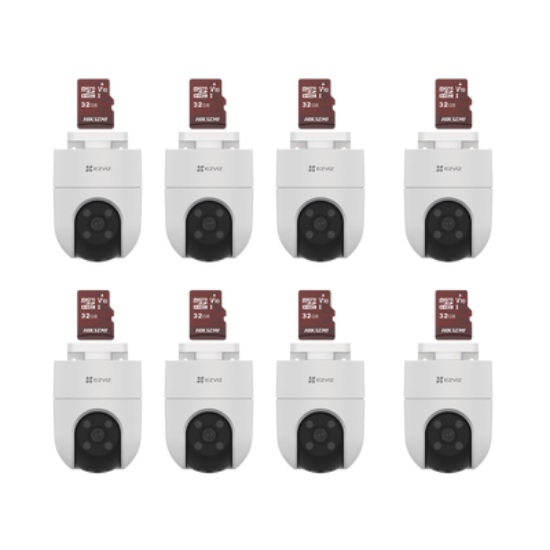 Kit de Camaras WiFi, Incluye 8 Piezas CS-H8C y 8 Piezas HS-TF-E1/32G / Audio de Dos Vías / Detección de Movimiento /  Luz Blanca / Sirena  /  Uso en Exterior con Protección