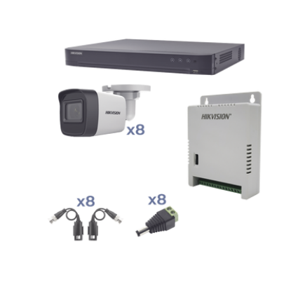 KIT TurboHD 1080p / DVR 8 Canales / 8 Cámaras Bala (exterior 2.8 mm) / Transceptores / Conectores / Fuente de Poder Profesional hasta 15 Vcc para Larga Distancia