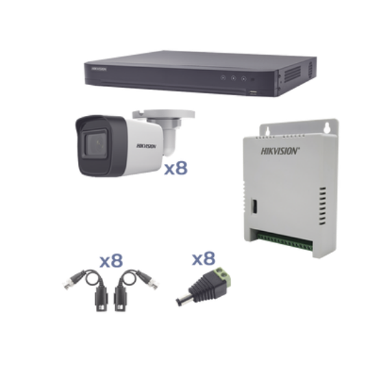 KIT TurboHD 1080p / DVR 8 Canales / 8 Cámaras Bala (exterior 2.8 mm) / Transceptores / Conectores / Fuente de Poder Profesional hasta 15 Vcc para Larga Distancia