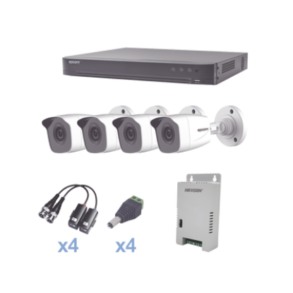 KIT TurboHD 1080p / DVR 4 Canales / 4 Cámaras Bala Metálicas (exterior 2.8 mm) / Transceptores / Conectores / Fuente de Poder Profesional