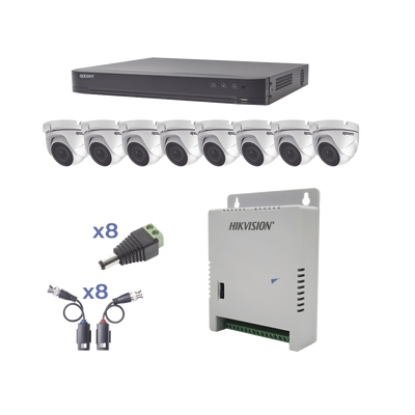KIT TurboHD 1080p / DVR 8 Canales / 8 Cámaras Eyeball (exterior 2.8 mm) / Transceptores / Conectores / Fuente de Poder Profesional hasta 15 Vcc para Larga Distancia