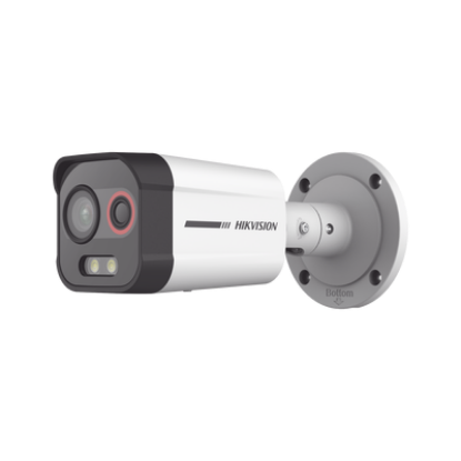 Bala IP Dual / Térmica 2.6 mm (96 x 72) / Óptico 6 mm (4 Megapixel) / Detección de Intrusión por VCA 30 mts /30 mts Luz Blanca / Exterior IP67 / PoE / Sirena y Luz Intermitente Integrada / Micro SD / ColorVu y ACUSENSE 
