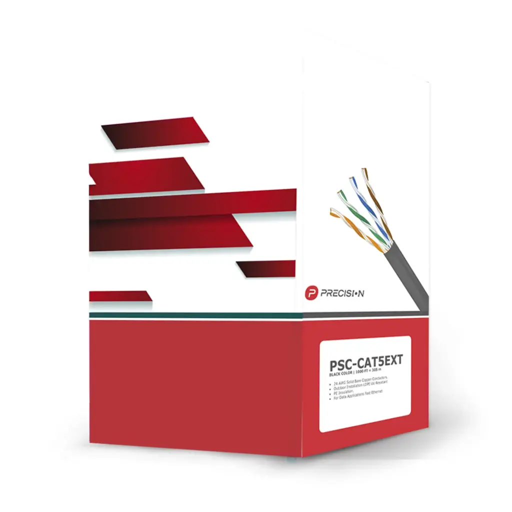 Bobina de cable de UTP de 4 pares Cat5e de 305 m (1000 ft), 100% Cobre, LDPE Resistente a rayos UV, Color Negro, 24 AWG, Uso en Exterior, Para Aplicaciones de Voz, Datos y Video