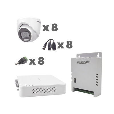 KIT TurboHD 1080p / DVR 8 Canales con audio por coaxitron / 8 Cámaras con Micrófono Integrado 101° Visión/  luz blanca + IR visión nocturna  / Transceptores / Conectores / Fuente de Poder Profesional